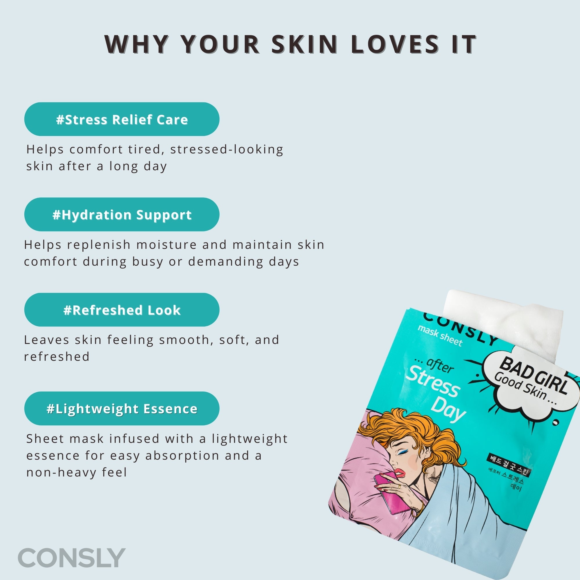 CONSLY BAD GIRL After Stress Day Korean Sheet Mask | 5 Pack, 25 ml Each