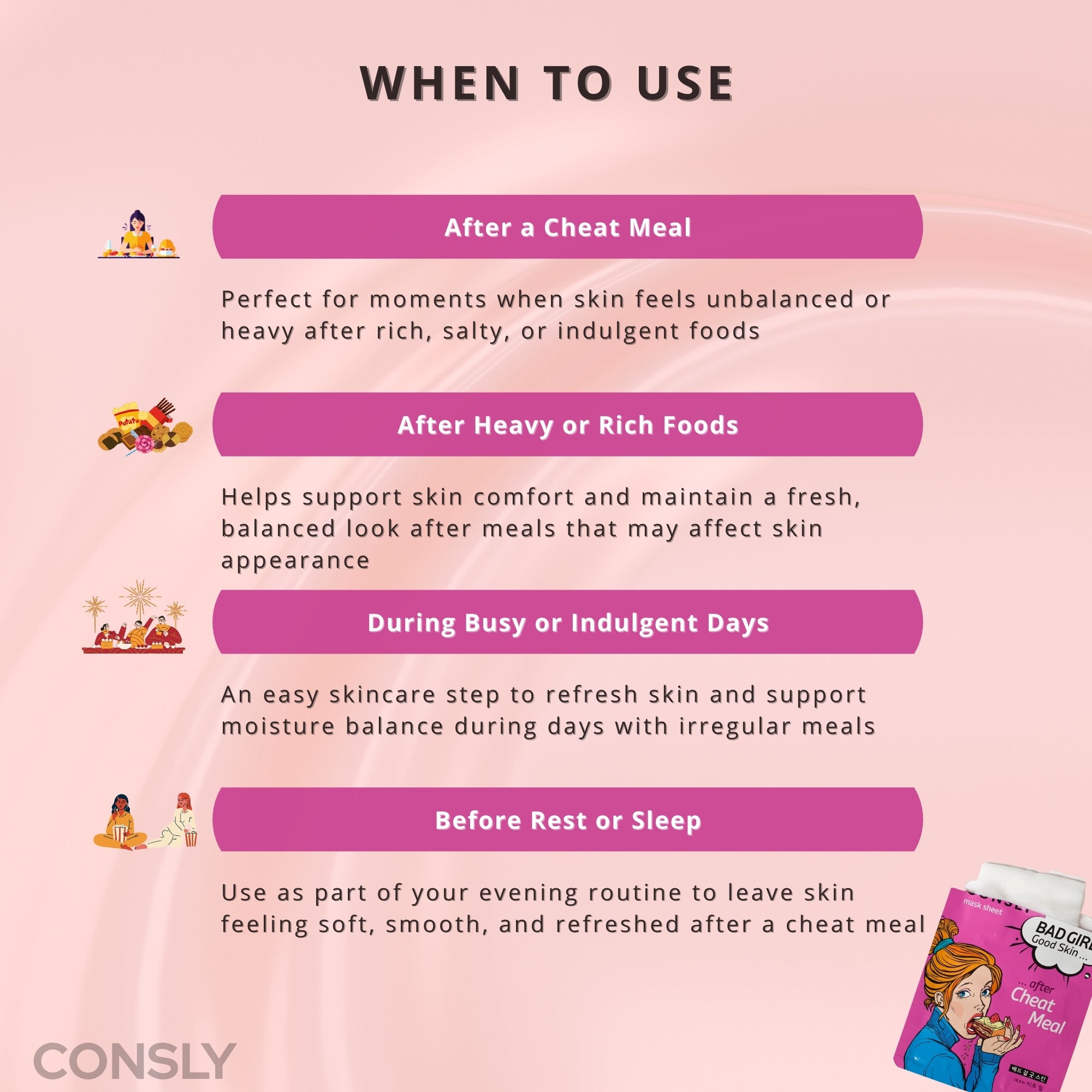 CONSLY BAD GIRL After Cheat Meal Korean Sheet Mask | 5 Pack, 25 ml Each