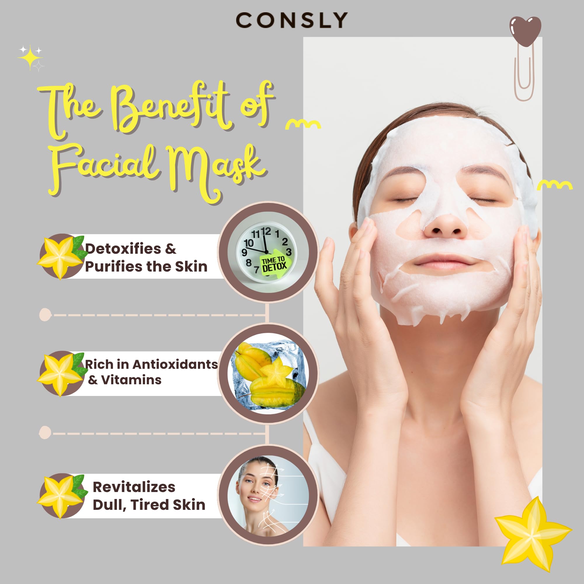 CONSLY Carambola Detox Face Mask 10-Pack | 20 ml / 0.67 fl oz Each