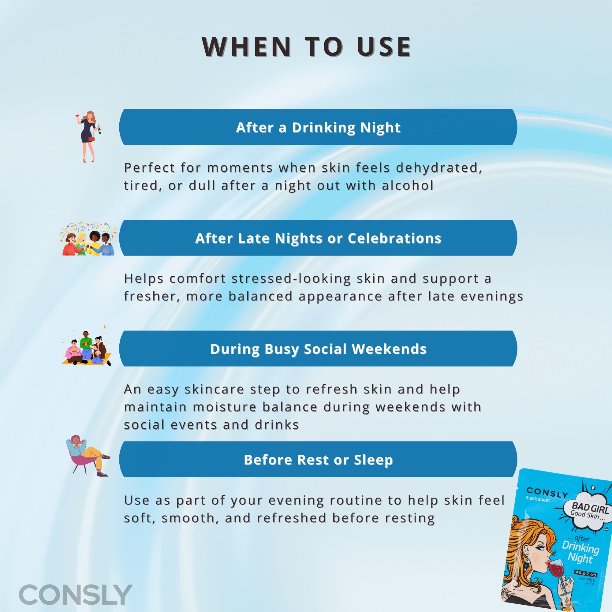 CONSLY BAD GIRL After Drinking Night Korean Sheet Mask | 5 Pack, 25 ml Each