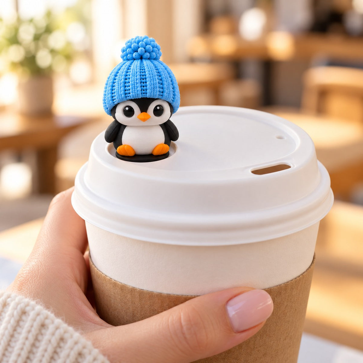 Classic Penguin topper on a coffee cup lid