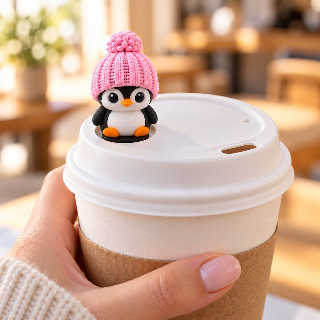 Classic Penguin with pink hat on a coffee cup lid