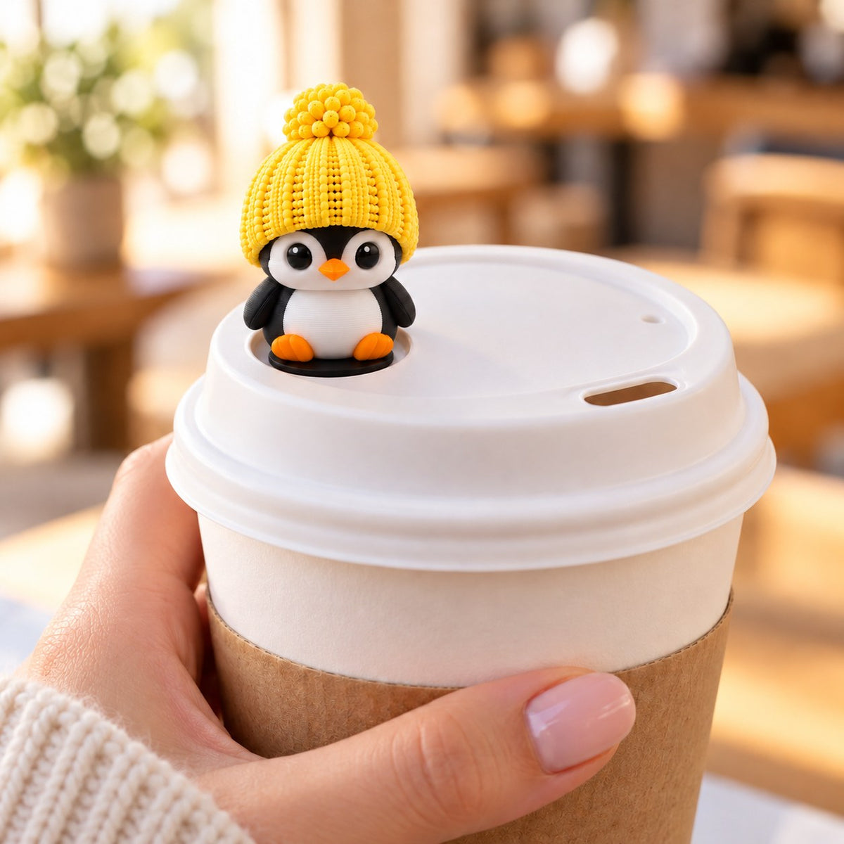 Classic Penguin with yellow hat on a coffee cup lid