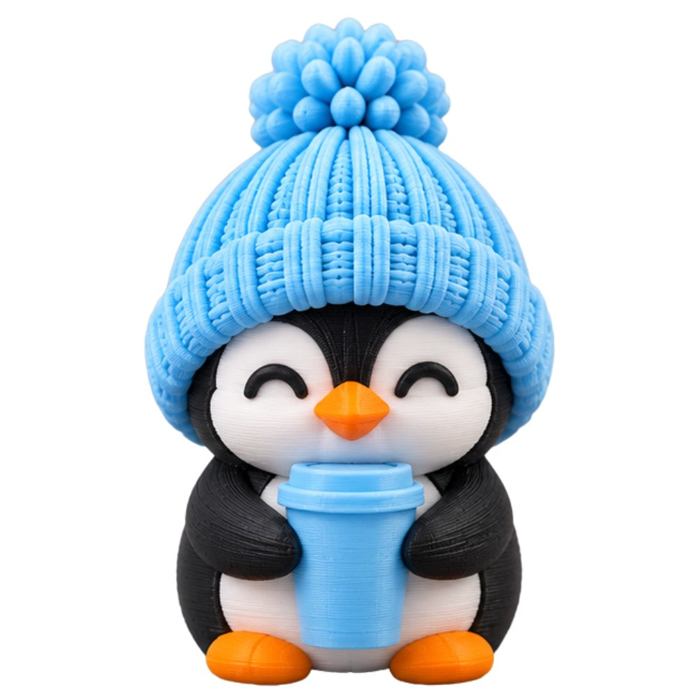 Coffee Lover Penguin coffee lid topper — blue hat