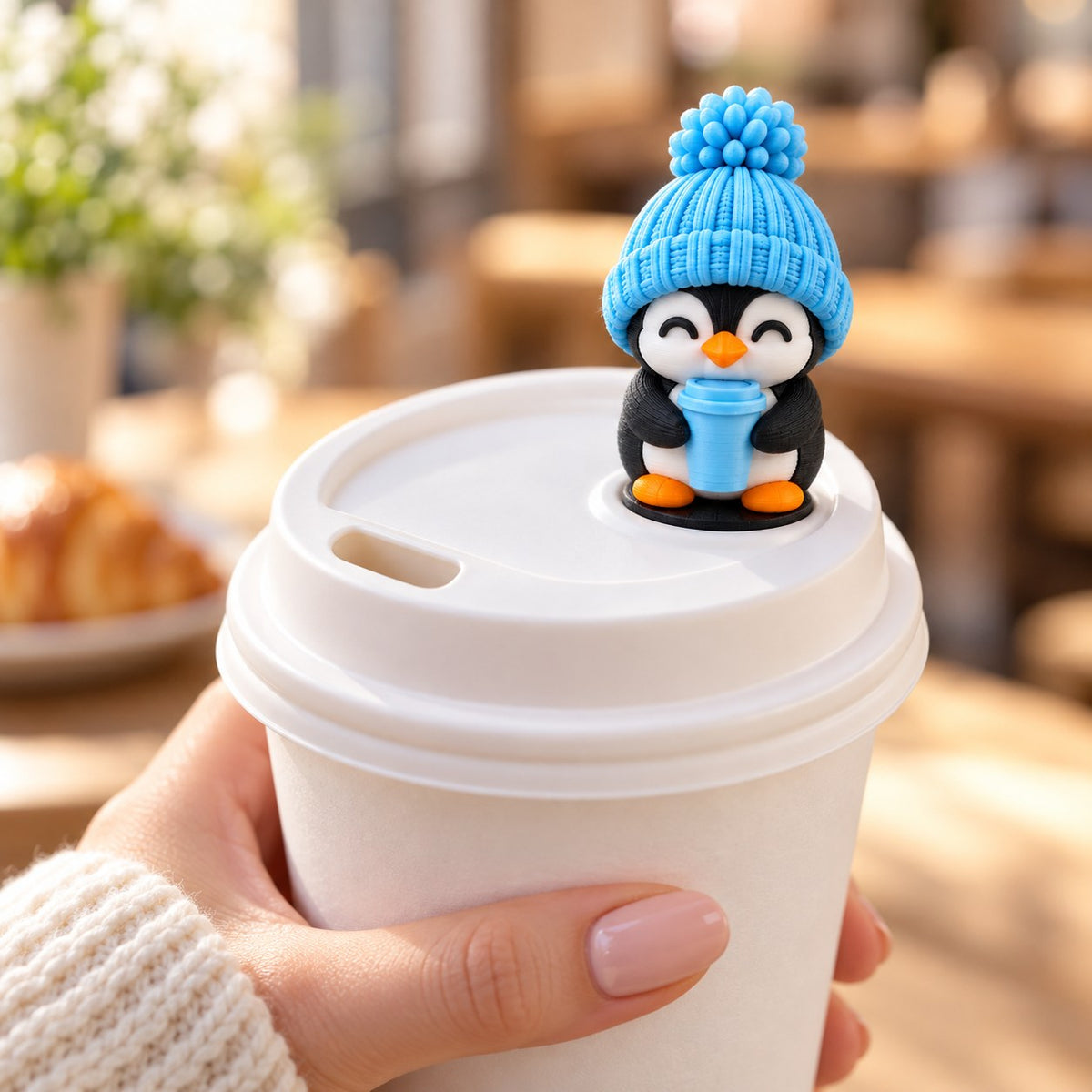 Coffee Lover Penguin topper on a coffee cup lid