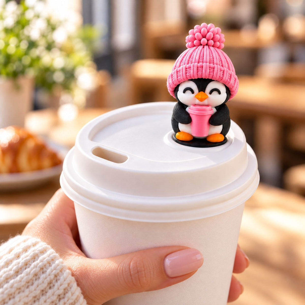 Coffee Lover Penguin with pink hat on a coffee cup lid