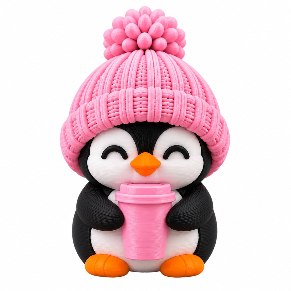 Coffee Lover Penguin coffee lid topper — pink hat