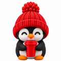 Coffee Lover Penguin coffee lid topper — red hat