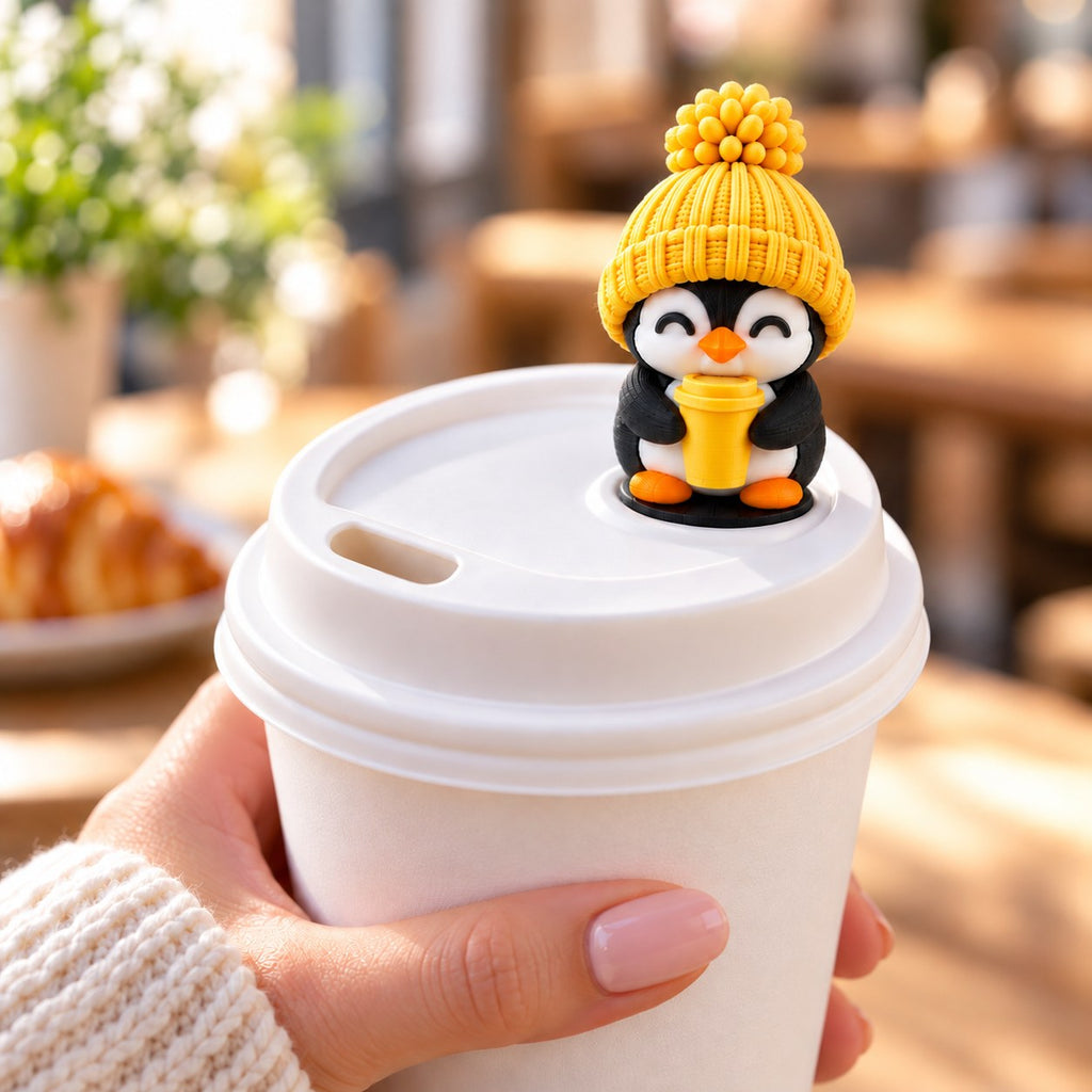 Coffee Lover Penguin with yellow hat on a coffee cup lid