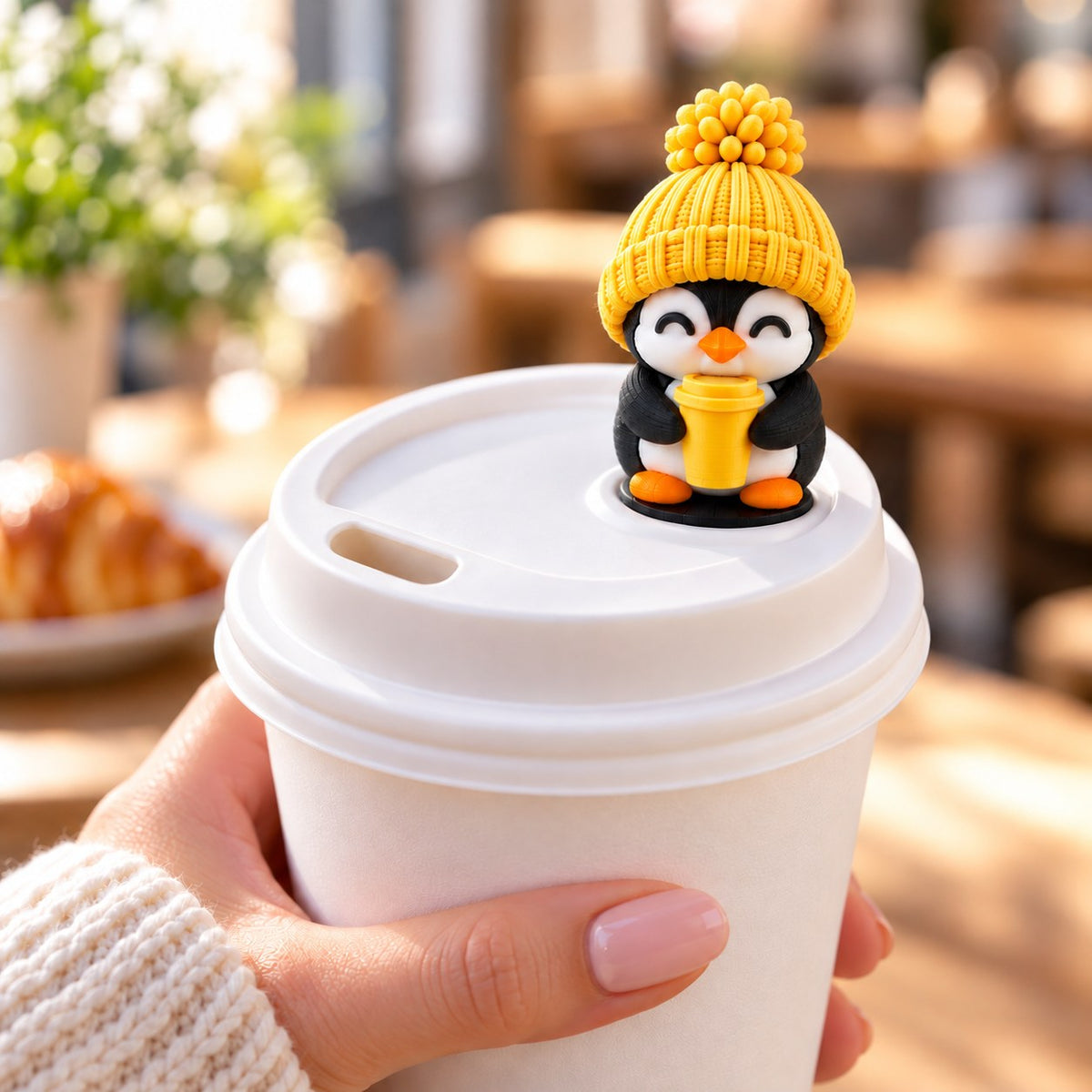 Coffee Lover Penguin with yellow hat on a coffee cup lid