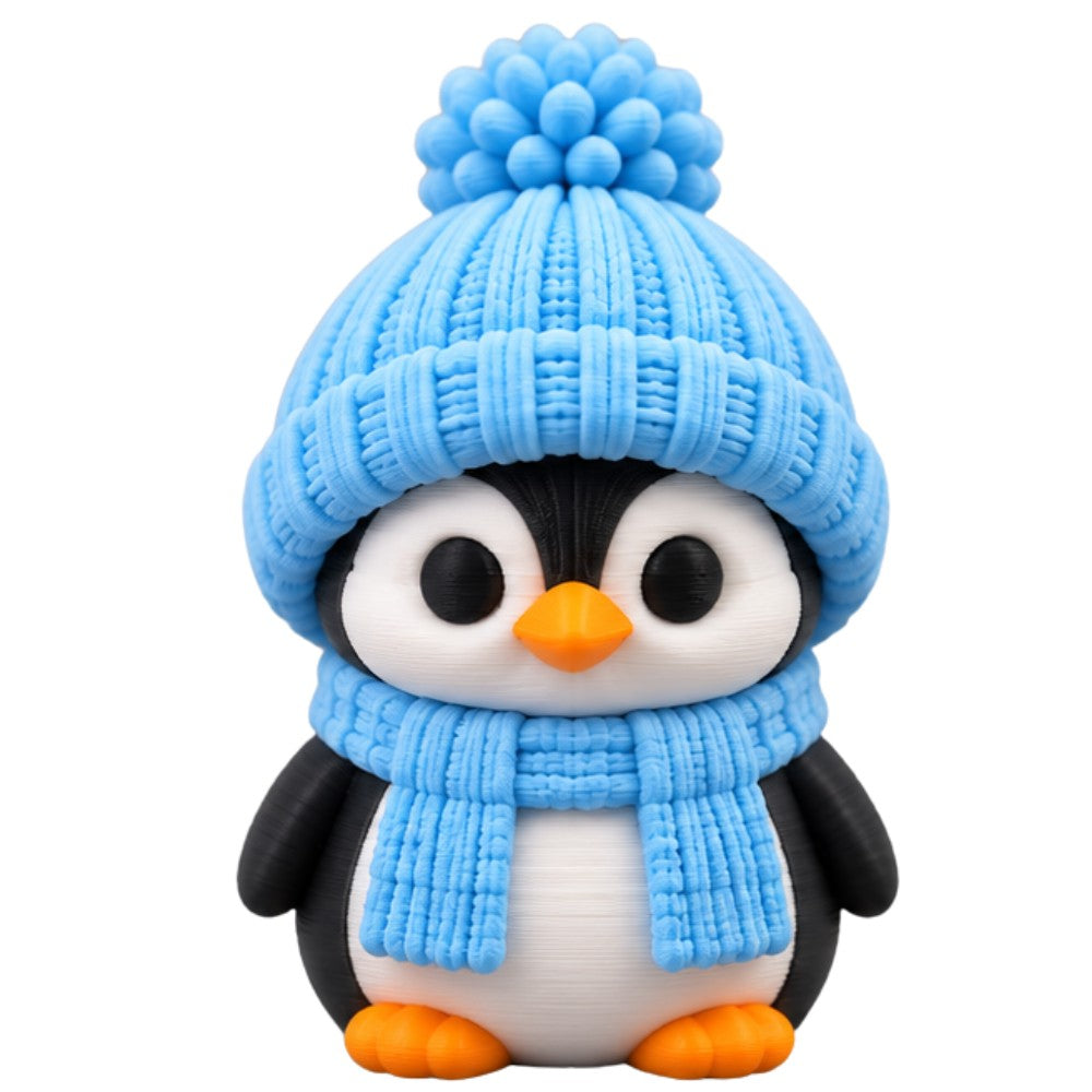 Cozy Scarf Penguin coffee lid topper — blue hat