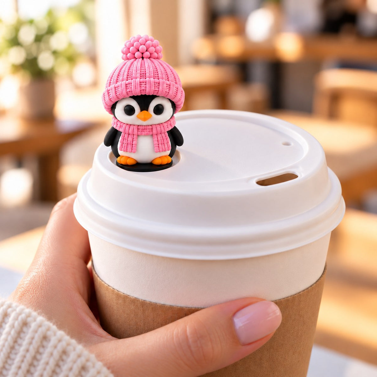 Cozy Scarf Penguin with pink hat on a coffee cup lid