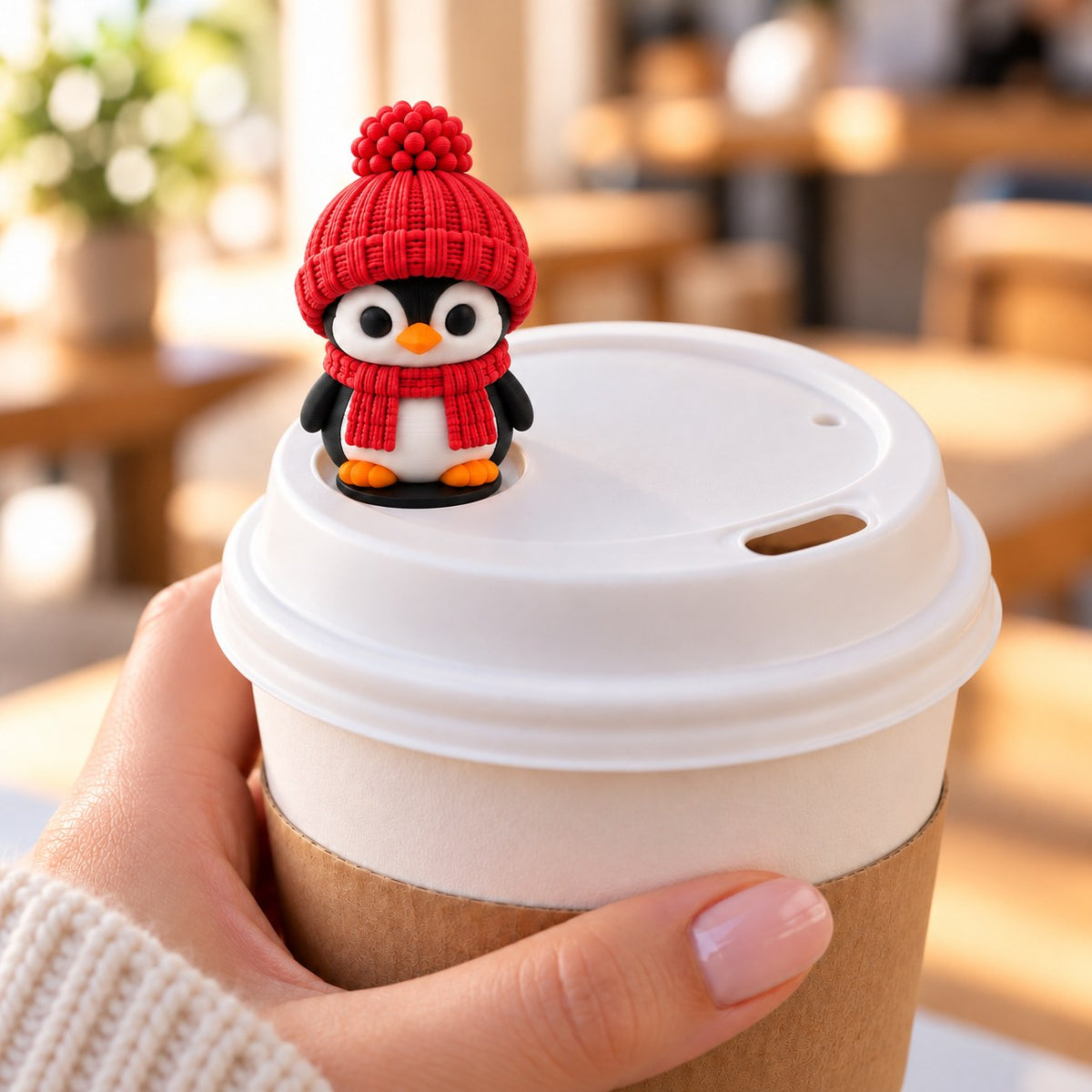 Cozy Scarf Penguin with red hat on a coffee cup lid