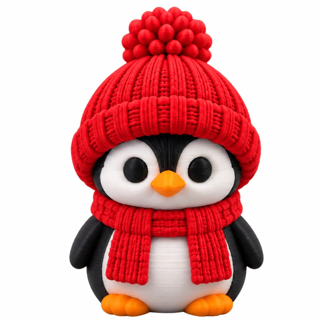 Cozy Scarf Penguin coffee lid topper — red hat