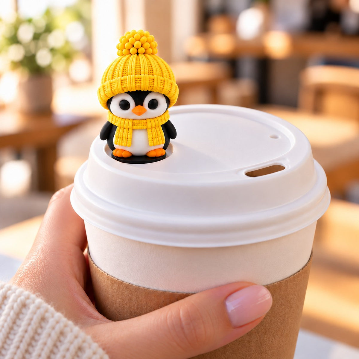 Cozy Scarf Penguin with yellow hat on a coffee cup lid