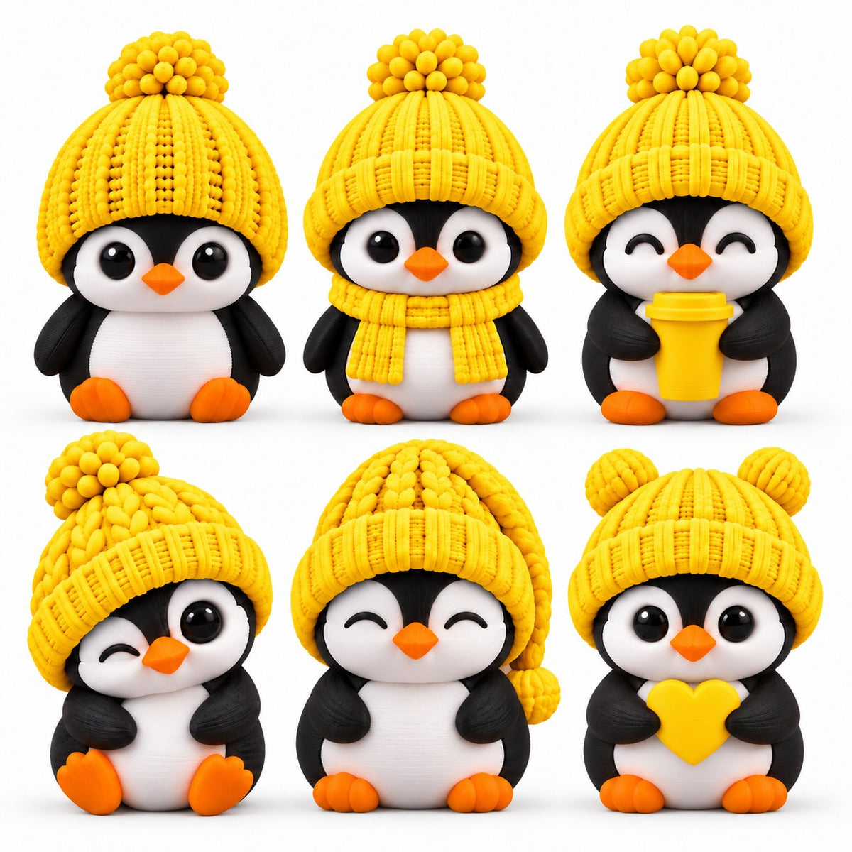 Sample pack of all 6 Cup Crown penguins — yellow hats
