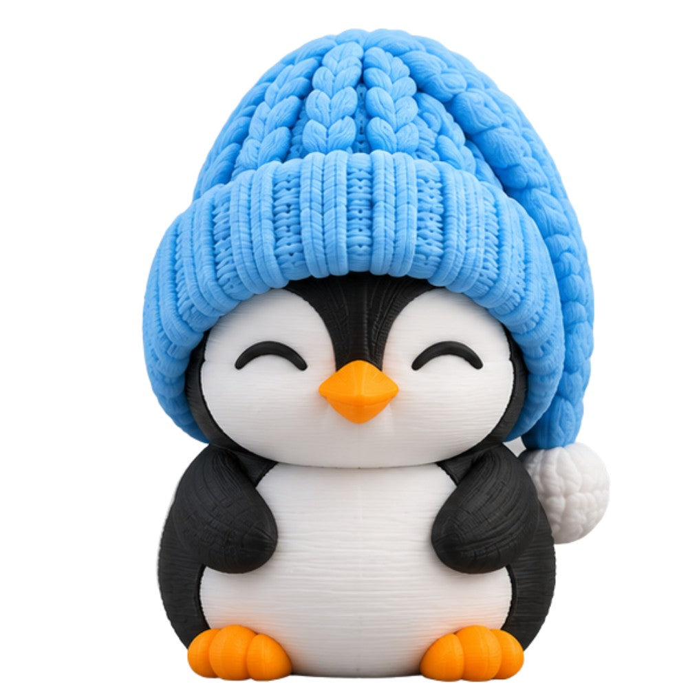 Sleepy Penguin coffee lid topper — blue hat