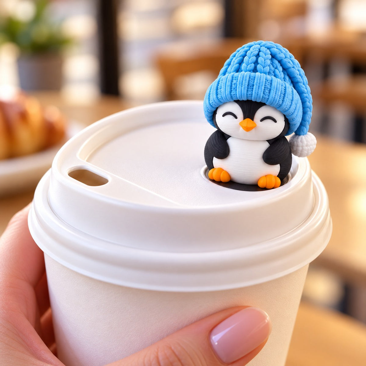 Sleepy Penguin topper on a coffee cup lid