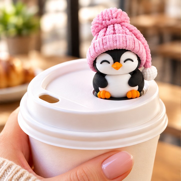 Sleepy Penguin with pink hat on a coffee cup lid