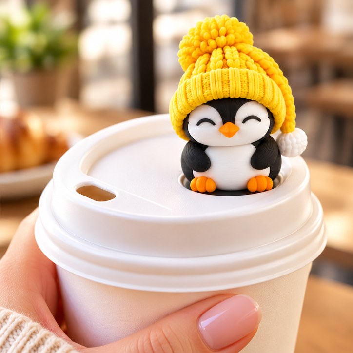 Sleepy Penguin with yellow hat on a coffee cup lid