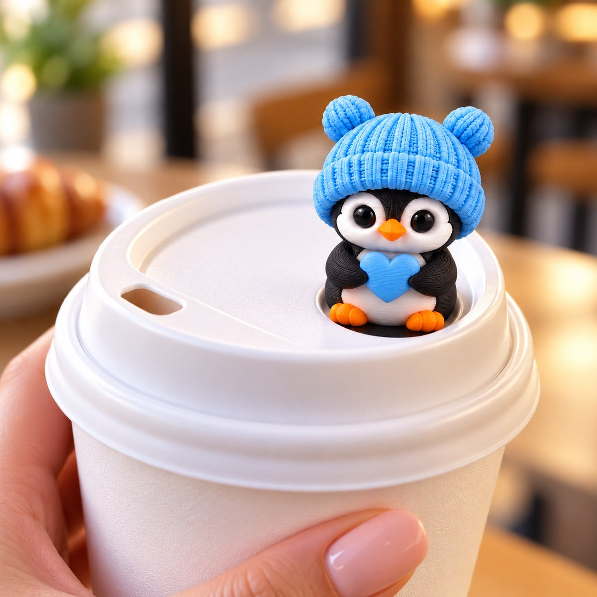 Sweetheart Penguin topper on a coffee cup lid