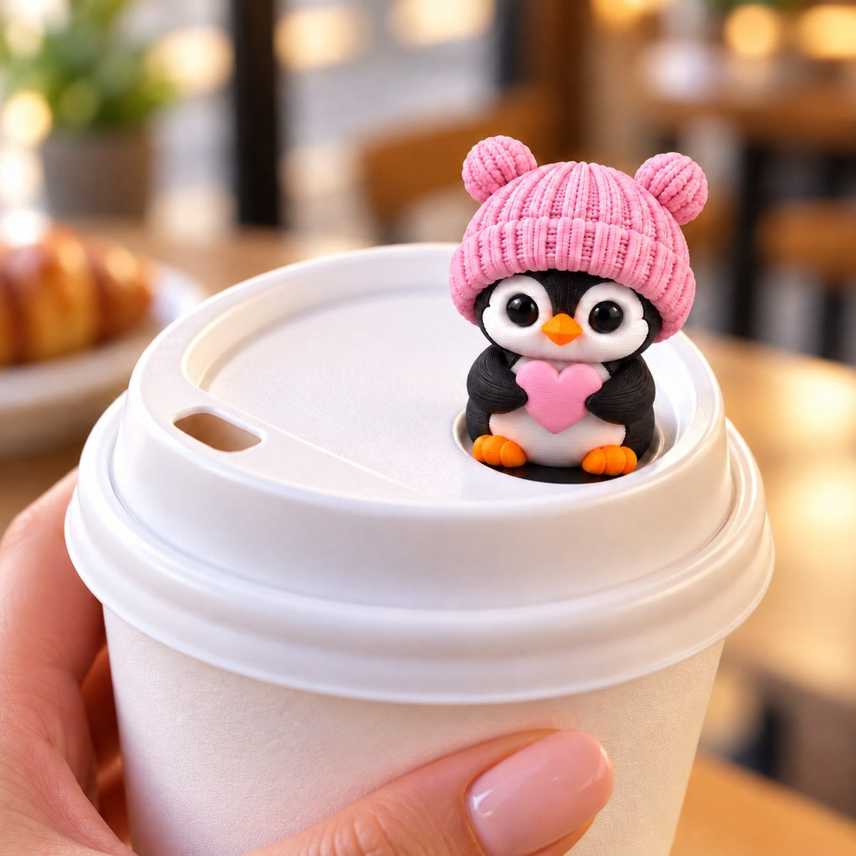 Sweetheart Penguin with pink hat on a coffee cup lid