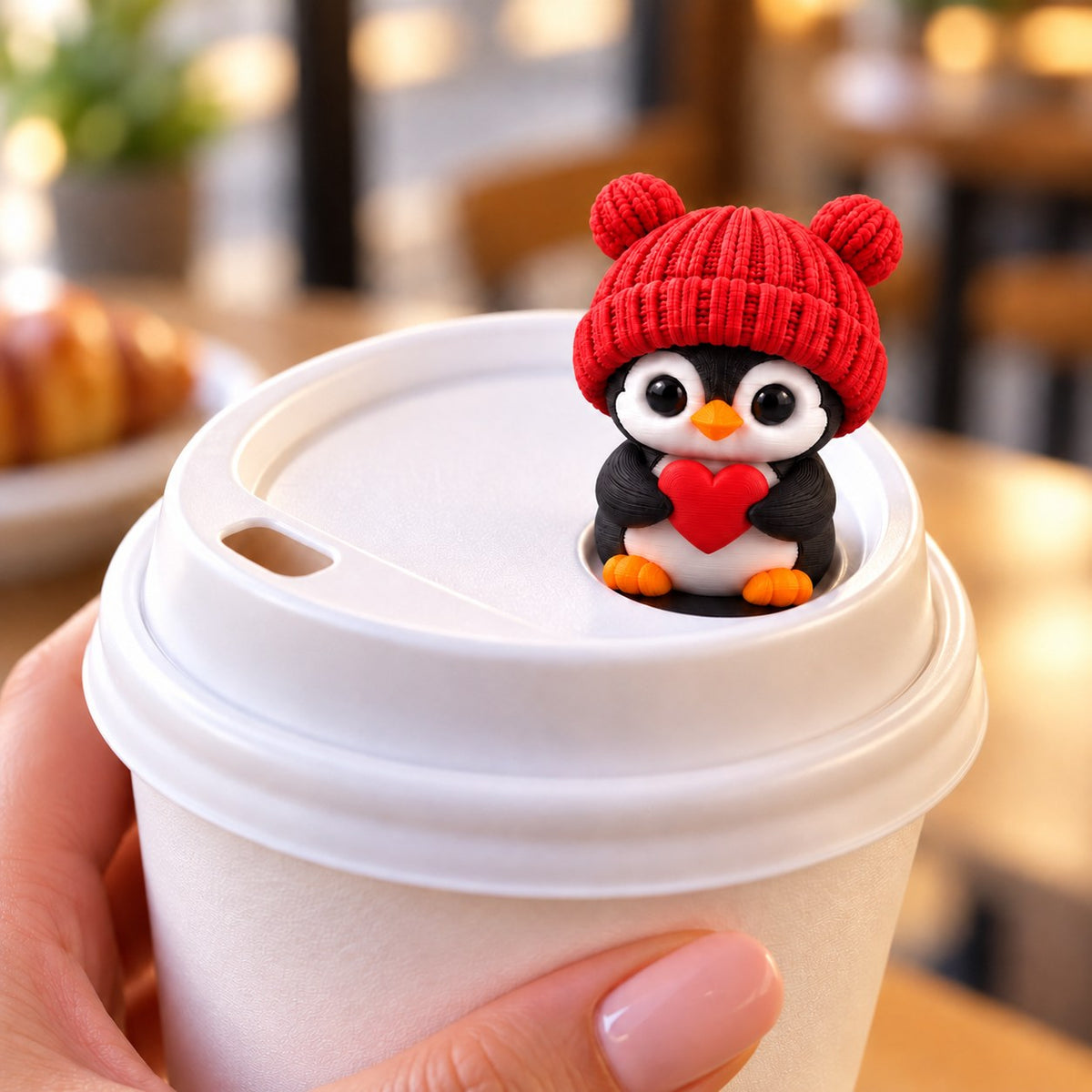 Sweetheart Penguin with red hat on a coffee cup lid