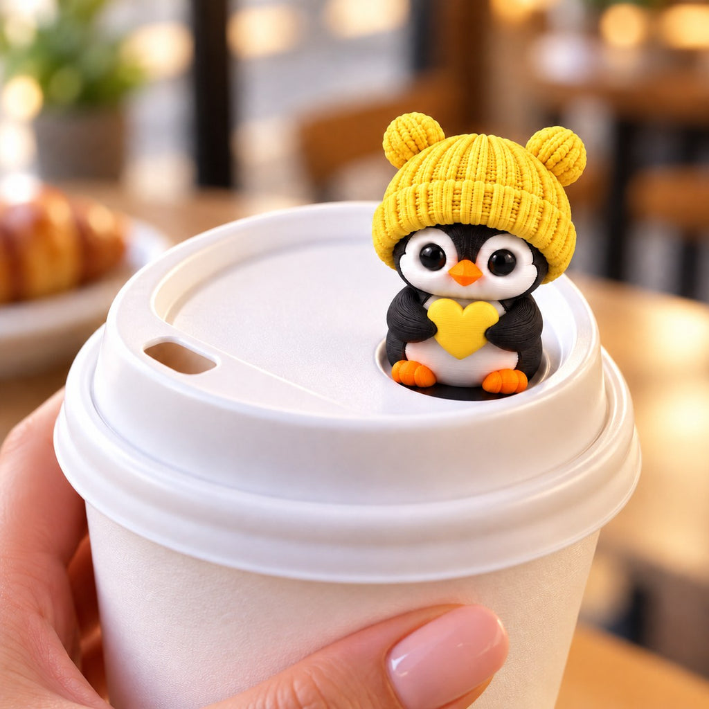 Sweetheart Penguin with yellow hat on a coffee cup lid