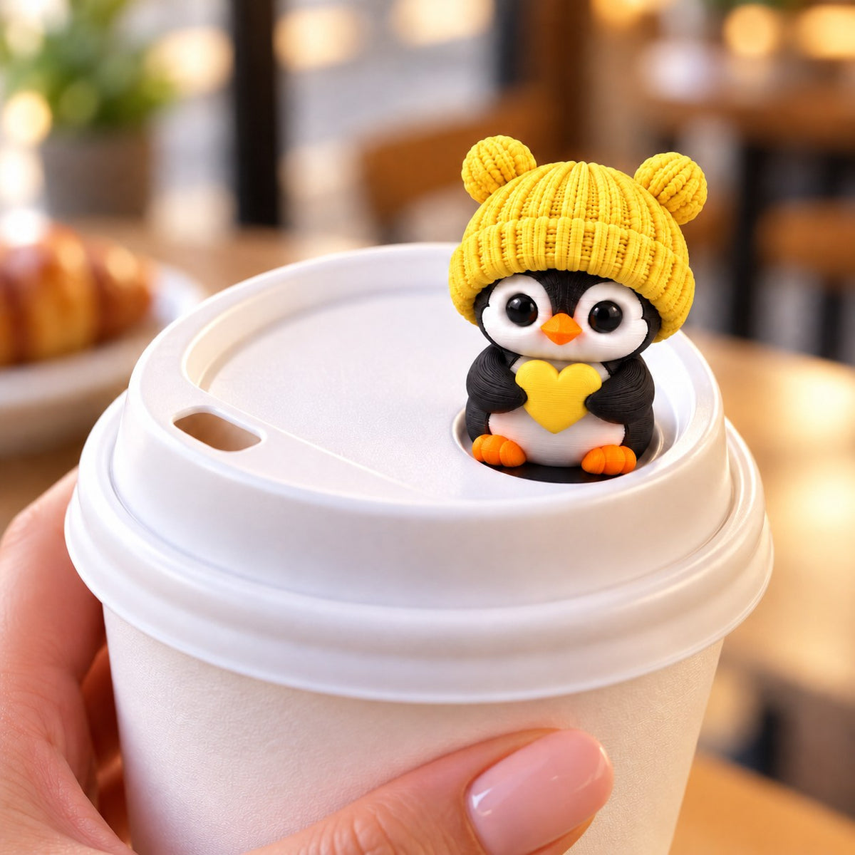 Sweetheart Penguin with yellow hat on a coffee cup lid