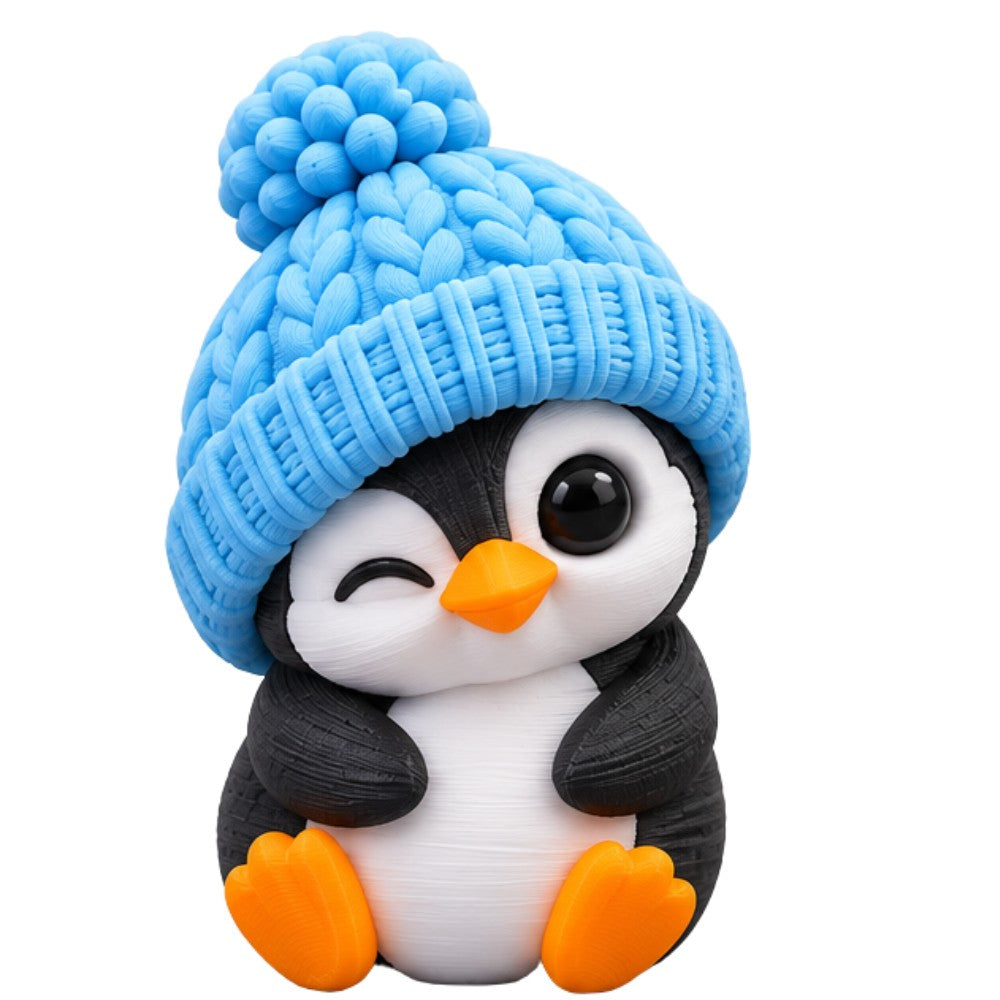 Winking Penguin coffee lid topper — blue hat