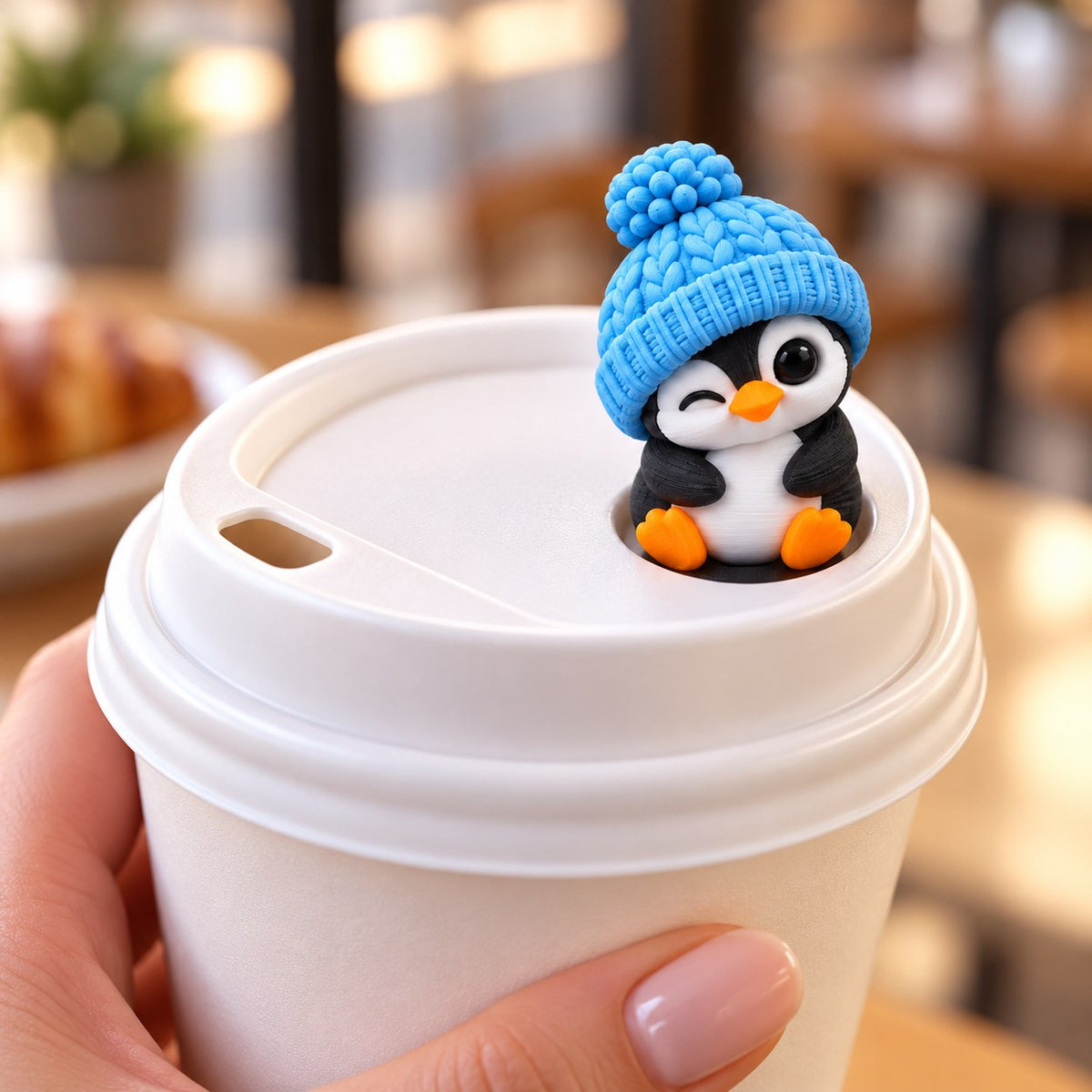 Winking Penguin topper on a coffee cup lid