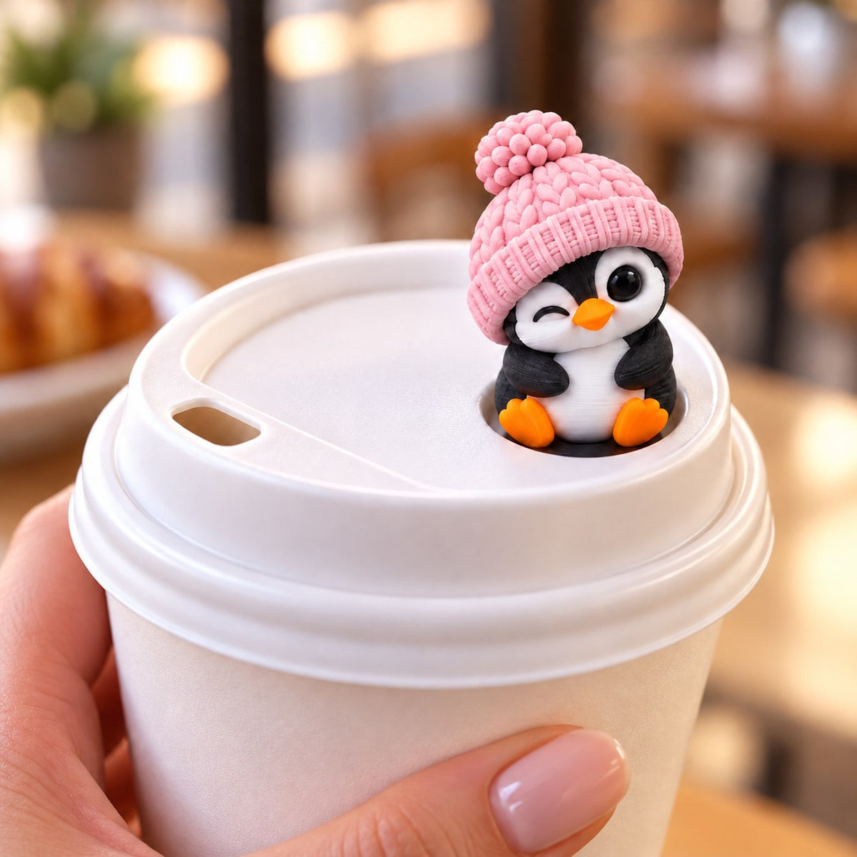 Winking Penguin with pink hat on a coffee cup lid
