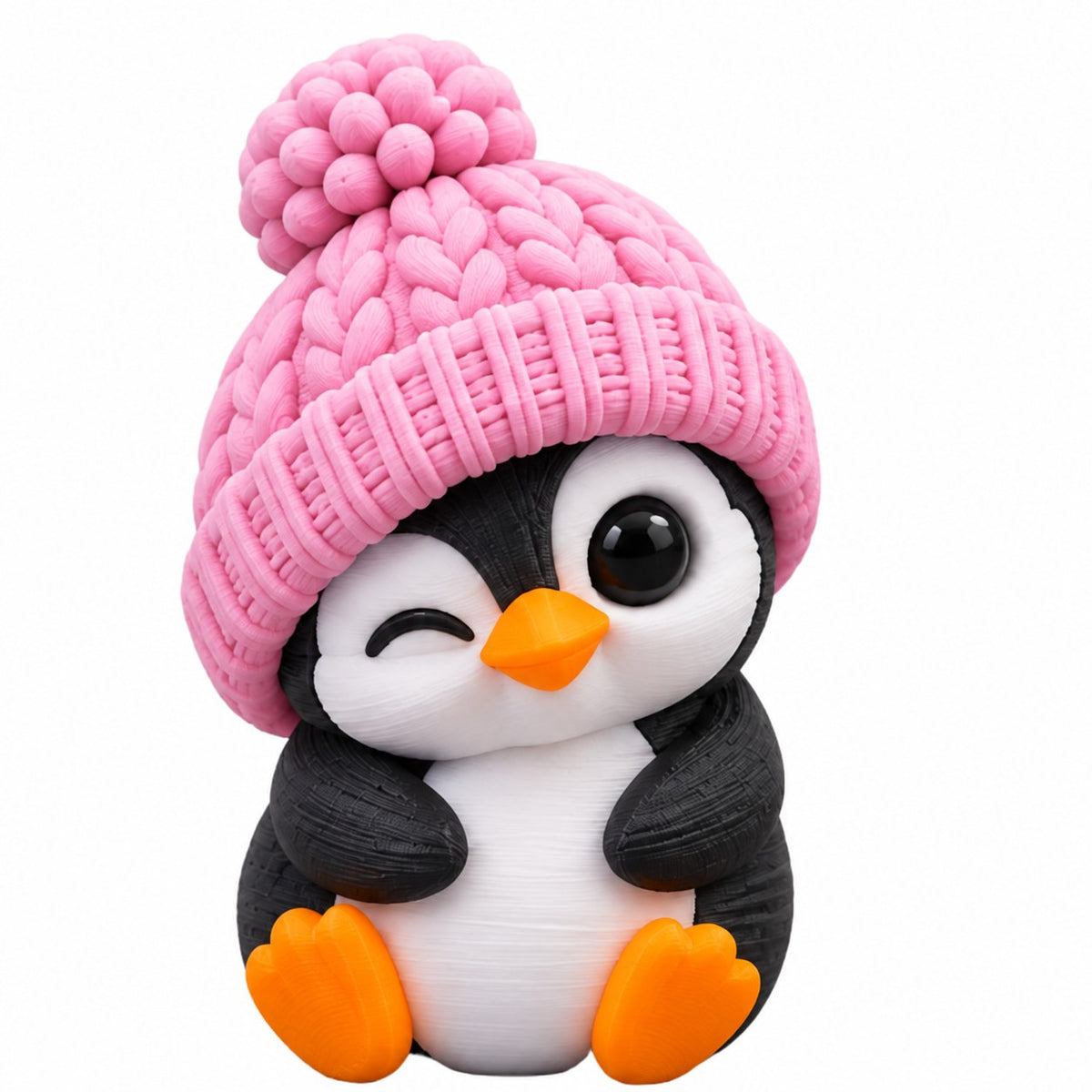 Winking Penguin coffee lid topper — pink hat