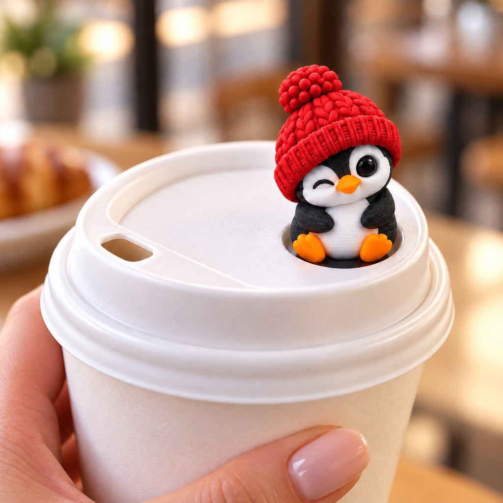 Winking Penguin with red hat on a coffee cup lid