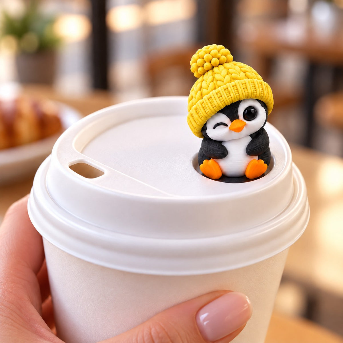 Winking Penguin with yellow hat on a coffee cup lid