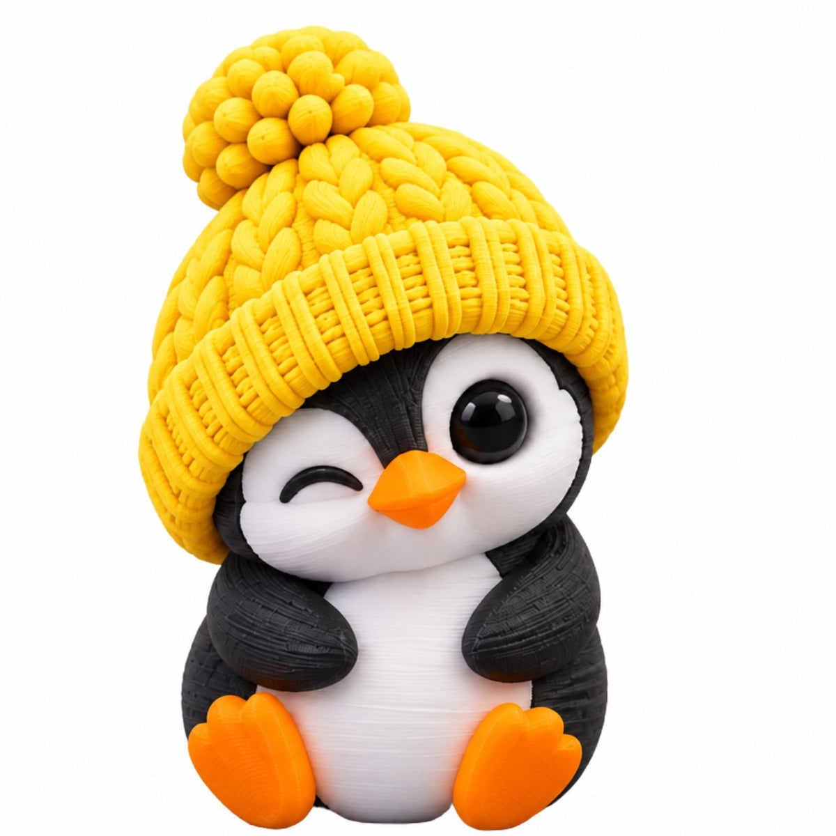 Winking Penguin coffee lid topper — yellow hat